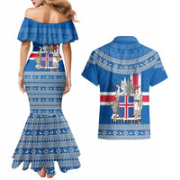 Iceland Flag Couples Matching Mermaid Dress and Hawaiian Shirt with Icelandic Crest and Traditional Nordic Knit Pattern Design