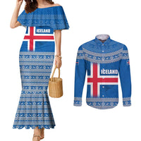 Iceland Flag Couples Matching Mermaid Dress and Long Sleeve Button Shirt with Icelandic Crest and Traditional Nordic Knit Pattern Design