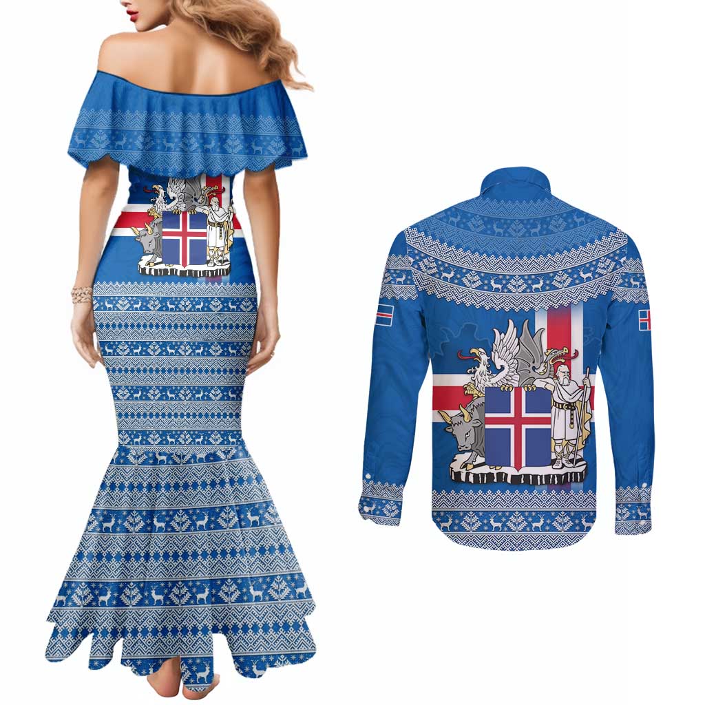 Iceland Flag Couples Matching Mermaid Dress and Long Sleeve Button Shirt with Icelandic Crest and Traditional Nordic Knit Pattern Design