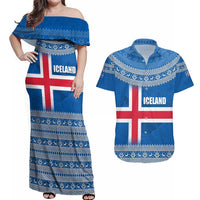 Iceland Flag Couples Matching Off Shoulder Maxi Dress and Hawaiian Shirt with Icelandic Crest and Traditional Nordic Knit Pattern Design