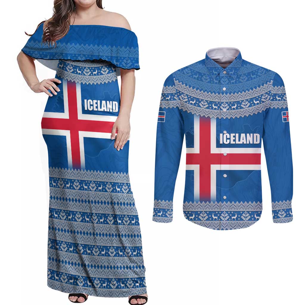 Iceland Flag Couples Matching Off Shoulder Maxi Dress and Long Sleeve Button Shirt with Icelandic Crest and Traditional Nordic Knit Pattern Design