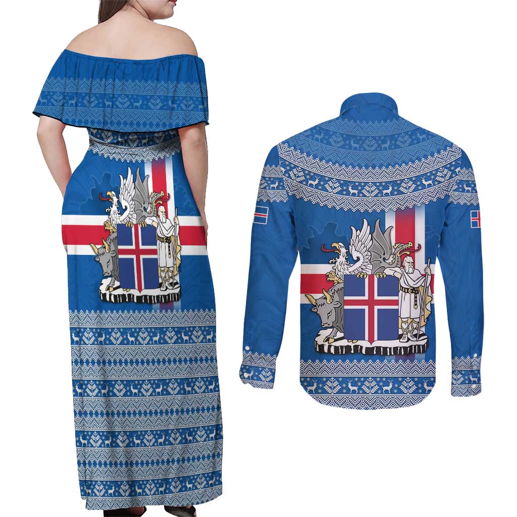 Iceland Flag Couples Matching Off Shoulder Maxi Dress and Long Sleeve Button Shirt with Icelandic Crest and Traditional Nordic Knit Pattern Design