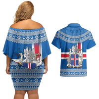 Iceland Flag Couples Matching Off Shoulder Short Dress and Hawaiian Shirt with Icelandic Crest and Traditional Nordic Knit Pattern Design