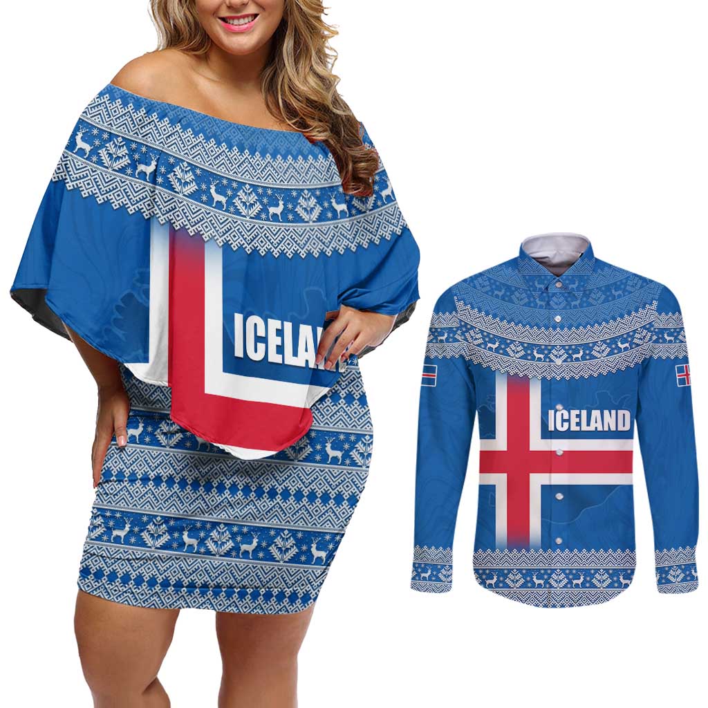 Iceland Flag Couples Matching Off Shoulder Short Dress and Long Sleeve Button Shirt with Icelandic Crest and Traditional Nordic Knit Pattern Design