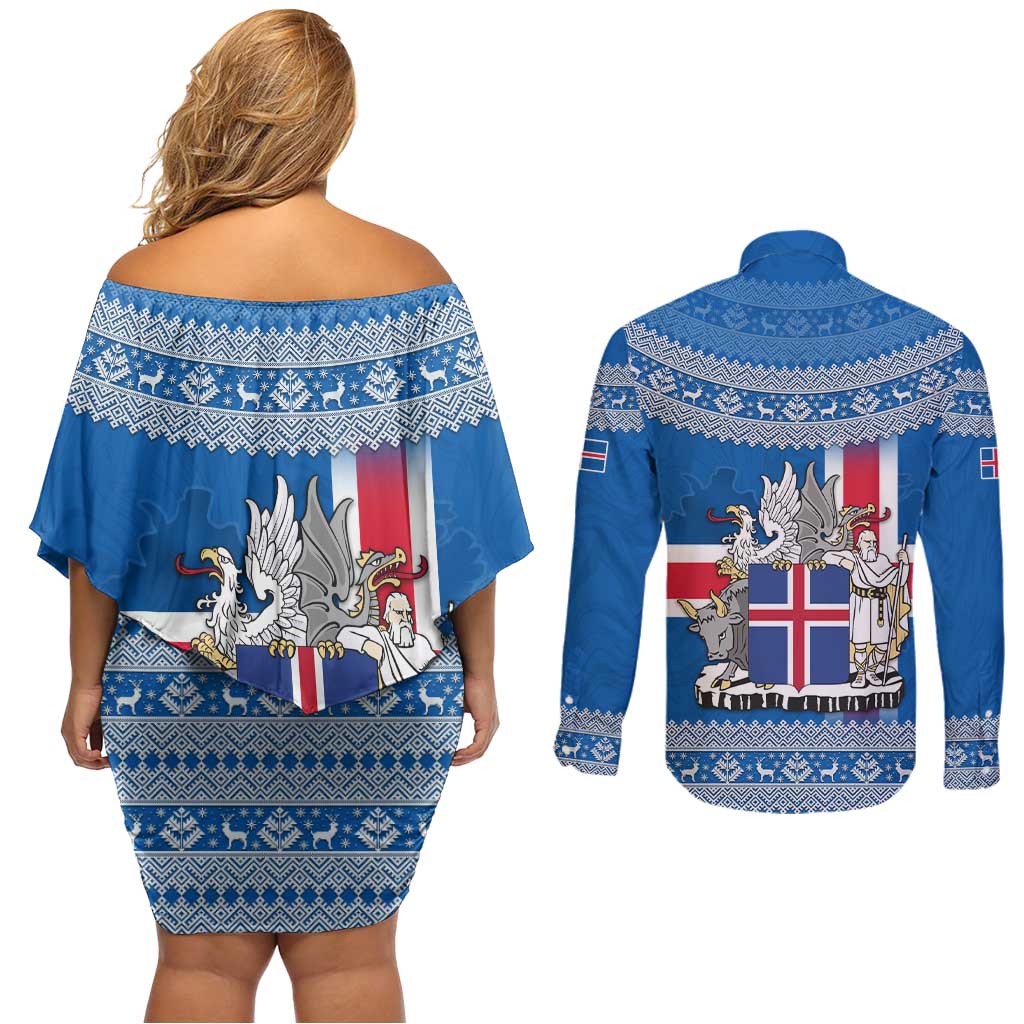 Iceland Flag Couples Matching Off Shoulder Short Dress and Long Sleeve Button Shirt with Icelandic Crest and Traditional Nordic Knit Pattern Design