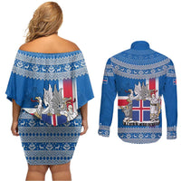 Iceland Flag Couples Matching Off Shoulder Short Dress and Long Sleeve Button Shirt with Icelandic Crest and Traditional Nordic Knit Pattern Design