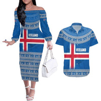 Iceland Flag Couples Matching Off The Shoulder Long Sleeve Dress and Hawaiian Shirt with Icelandic Crest and Traditional Nordic Knit Pattern Design
