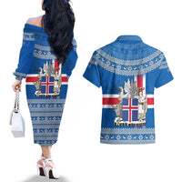 Iceland Flag Couples Matching Off The Shoulder Long Sleeve Dress and Hawaiian Shirt with Icelandic Crest and Traditional Nordic Knit Pattern Design