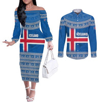 Iceland Flag Couples Matching Off The Shoulder Long Sleeve Dress and Long Sleeve Button Shirt with Icelandic Crest and Traditional Nordic Knit Pattern Design