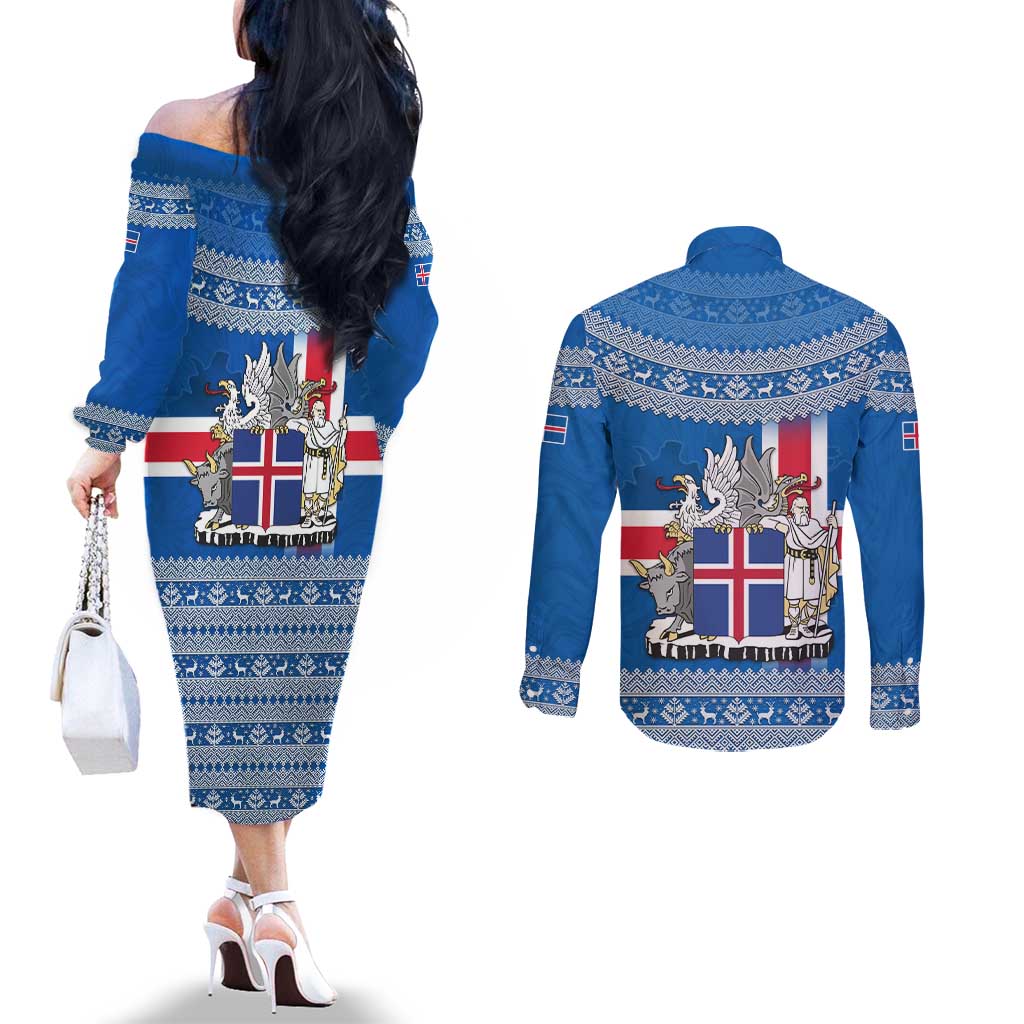 Iceland Flag Couples Matching Off The Shoulder Long Sleeve Dress and Long Sleeve Button Shirt with Icelandic Crest and Traditional Nordic Knit Pattern Design