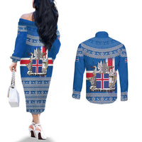 Iceland Flag Couples Matching Off The Shoulder Long Sleeve Dress and Long Sleeve Button Shirt with Icelandic Crest and Traditional Nordic Knit Pattern Design