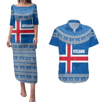Iceland Flag Couples Matching Puletasi and Hawaiian Shirt with Icelandic Crest and Traditional Nordic Knit Pattern Design