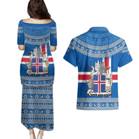 Iceland Flag Couples Matching Puletasi and Hawaiian Shirt with Icelandic Crest and Traditional Nordic Knit Pattern Design
