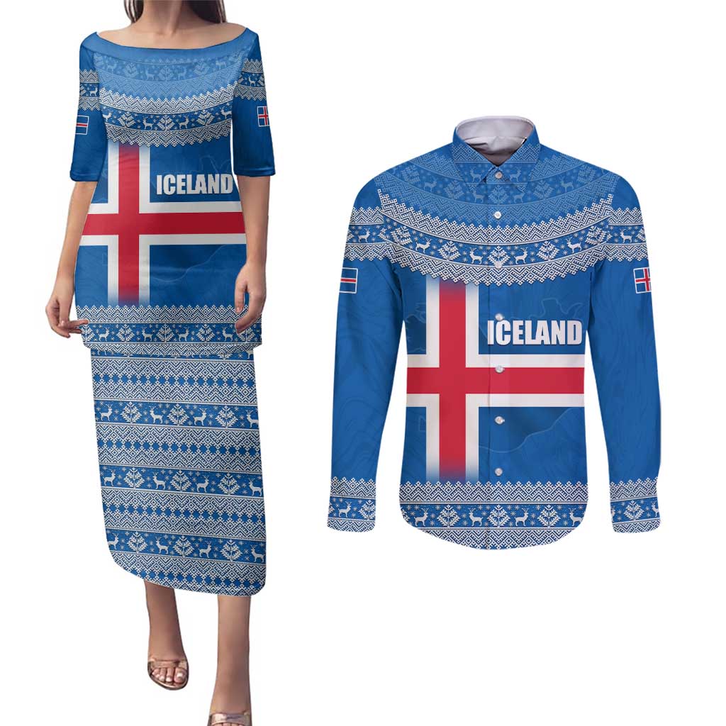 Iceland Flag Couples Matching Puletasi and Long Sleeve Button Shirt with Icelandic Crest and Traditional Nordic Knit Pattern Design