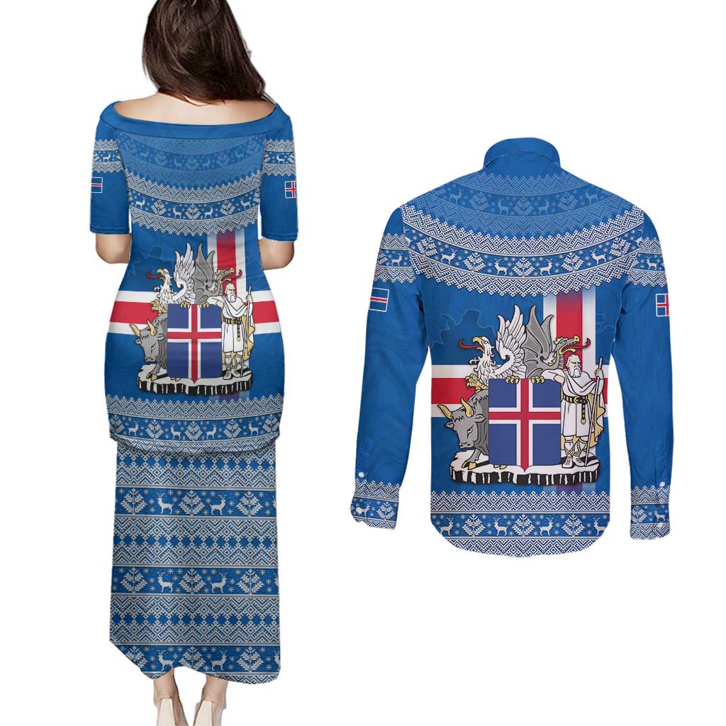 Iceland Flag Couples Matching Puletasi and Long Sleeve Button Shirt with Icelandic Crest and Traditional Nordic Knit Pattern Design