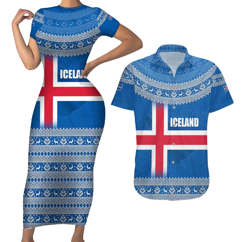 Iceland Flag Couples Matching Short Sleeve Bodycon Dress and Hawaiian Shirt with Icelandic Crest and Traditional Nordic Knit Pattern Design