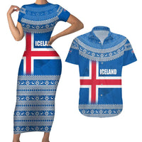 Iceland Flag Couples Matching Short Sleeve Bodycon Dress and Hawaiian Shirt with Icelandic Crest and Traditional Nordic Knit Pattern Design
