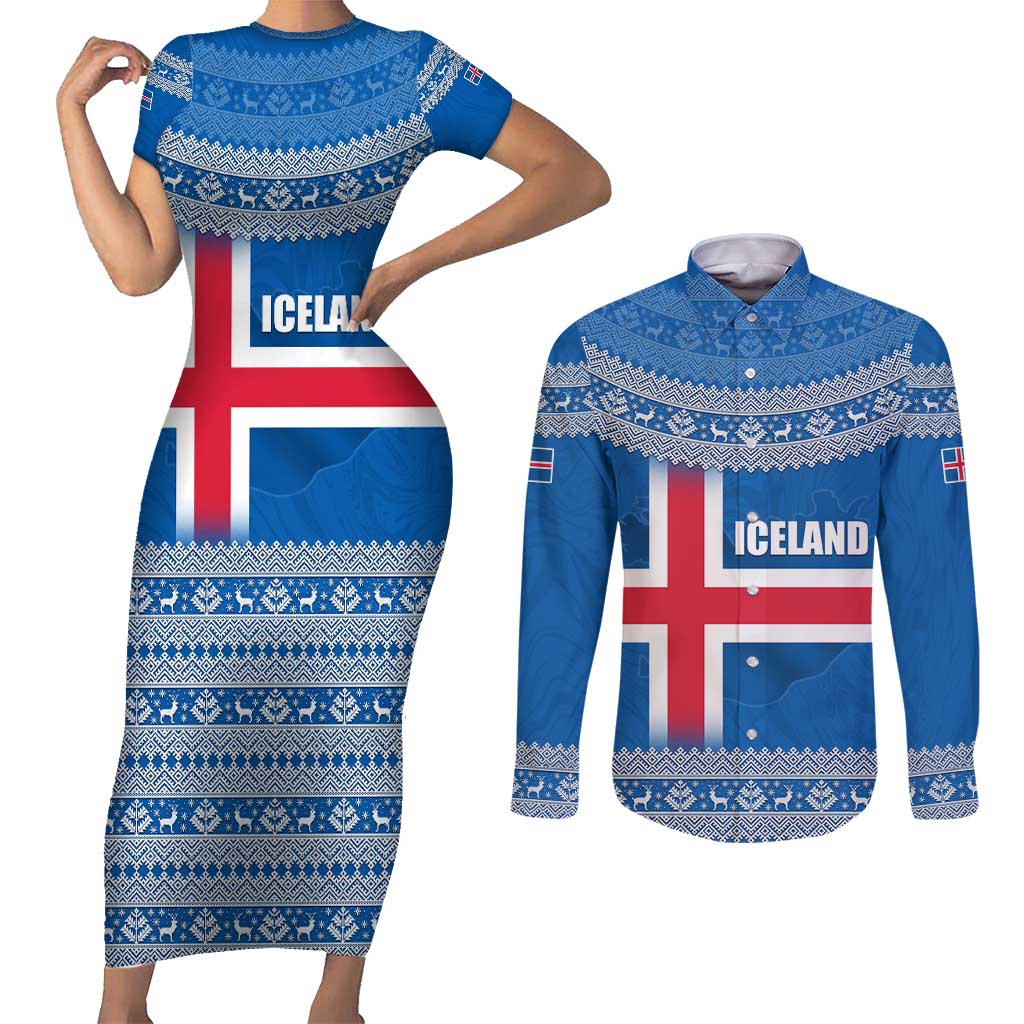 Iceland Flag Couples Matching Short Sleeve Bodycon Dress and Long Sleeve Button Shirt with Icelandic Crest and Traditional Nordic Knit Pattern Design