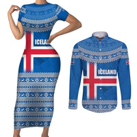 Iceland Flag Couples Matching Short Sleeve Bodycon Dress and Long Sleeve Button Shirt with Icelandic Crest and Traditional Nordic Knit Pattern Design