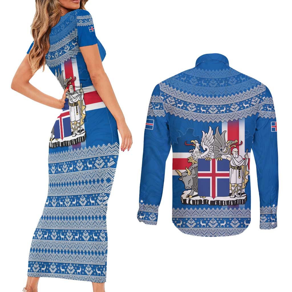 Iceland Flag Couples Matching Short Sleeve Bodycon Dress and Long Sleeve Button Shirt with Icelandic Crest and Traditional Nordic Knit Pattern Design