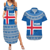 Iceland Flag Couples Matching Summer Maxi Dress and Hawaiian Shirt with Icelandic Crest and Traditional Nordic Knit Pattern Design