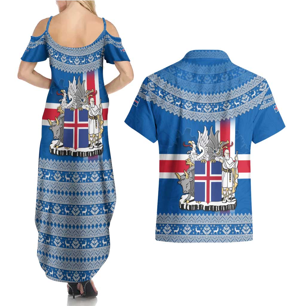 Iceland Flag Couples Matching Summer Maxi Dress and Hawaiian Shirt with Icelandic Crest and Traditional Nordic Knit Pattern Design