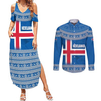 Iceland Flag Couples Matching Summer Maxi Dress and Long Sleeve Button Shirt with Icelandic Crest and Traditional Nordic Knit Pattern Design