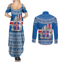 Iceland Flag Couples Matching Summer Maxi Dress and Long Sleeve Button Shirt with Icelandic Crest and Traditional Nordic Knit Pattern Design