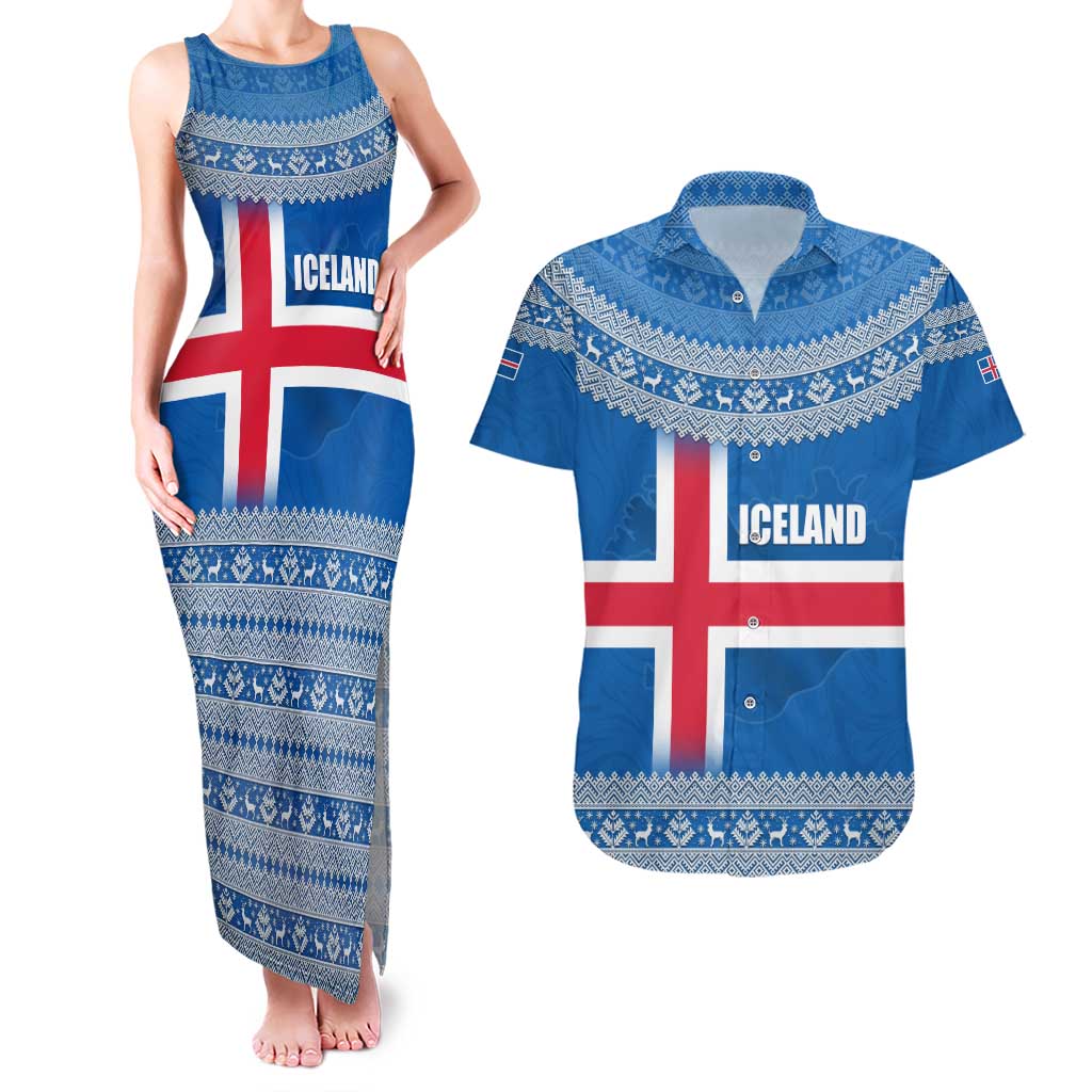 Iceland Flag Couples Matching Tank Maxi Dress and Hawaiian Shirt with Icelandic Crest and Traditional Nordic Knit Pattern Design