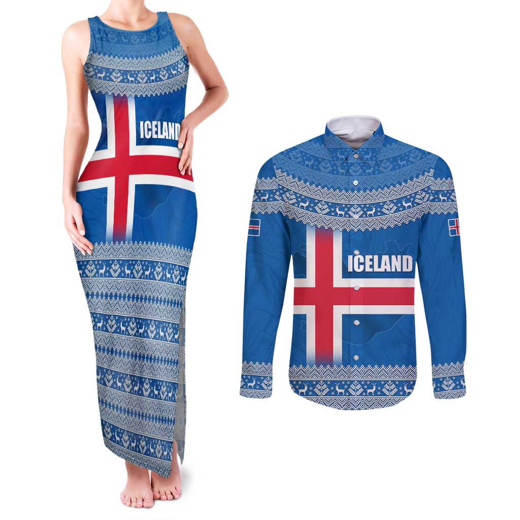 Iceland Flag Couples Matching Tank Maxi Dress and Long Sleeve Button Shirt with Icelandic Crest and Traditional Nordic Knit Pattern Design