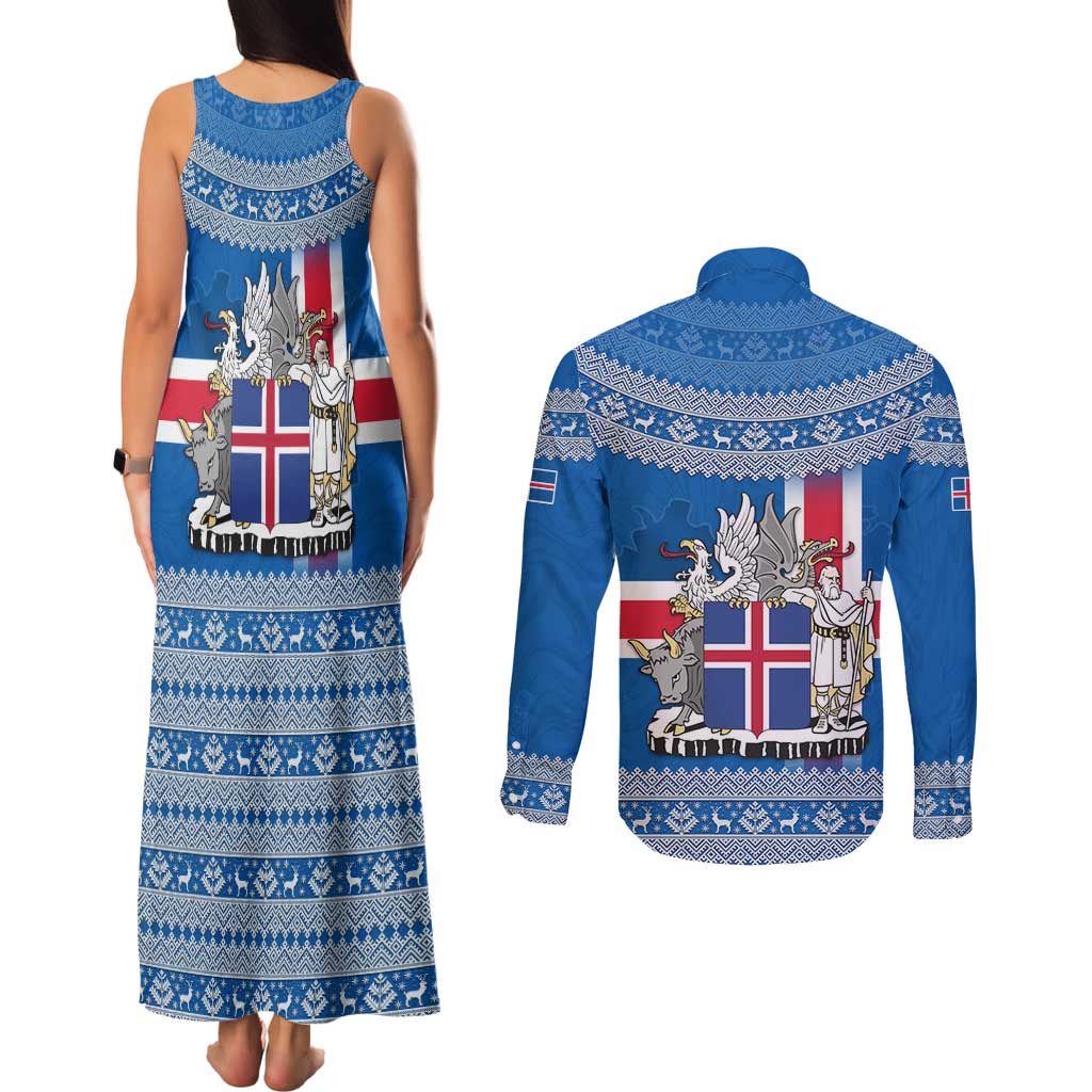 Iceland Flag Couples Matching Tank Maxi Dress and Long Sleeve Button Shirt with Icelandic Crest and Traditional Nordic Knit Pattern Design