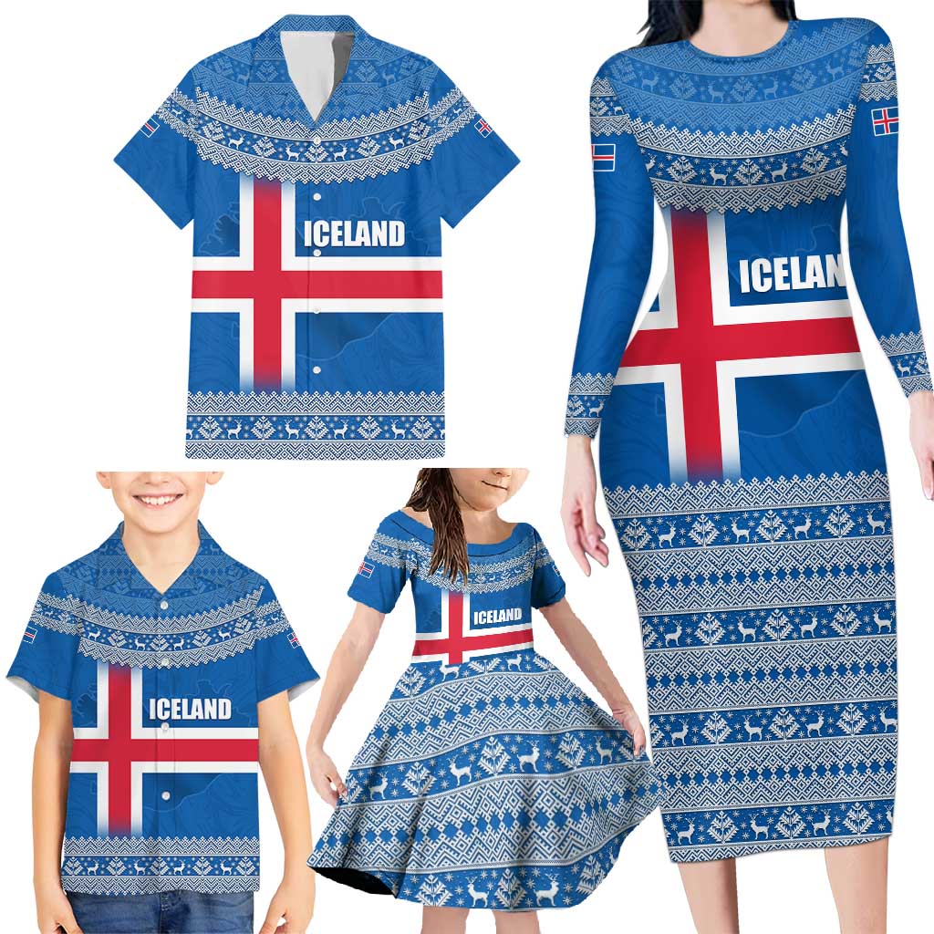 Iceland Flag Family Matching Long Sleeve Bodycon Dress and Hawaiian Shirt with Icelandic Crest and Traditional Nordic Knit Pattern Design