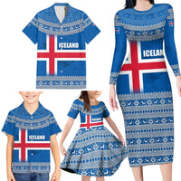 Iceland Flag Family Matching Long Sleeve Bodycon Dress and Hawaiian Shirt with Icelandic Crest and Traditional Nordic Knit Pattern Design
