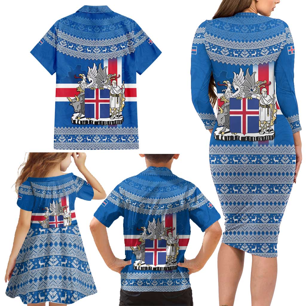 Iceland Flag Family Matching Long Sleeve Bodycon Dress and Hawaiian Shirt with Icelandic Crest and Traditional Nordic Knit Pattern Design