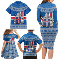 Iceland Flag Family Matching Long Sleeve Bodycon Dress and Hawaiian Shirt with Icelandic Crest and Traditional Nordic Knit Pattern Design