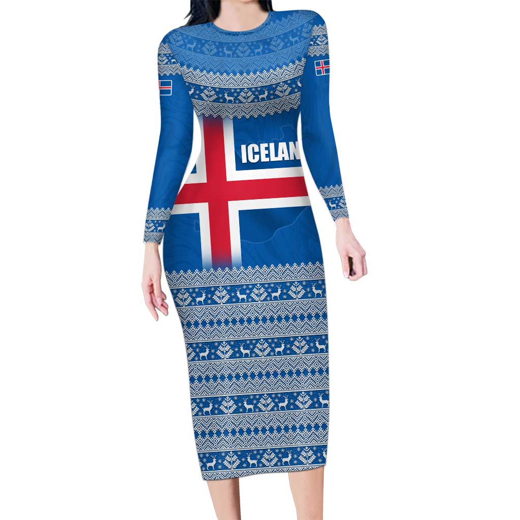 Iceland Flag Family Matching Long Sleeve Bodycon Dress and Hawaiian Shirt with Icelandic Crest and Traditional Nordic Knit Pattern Design