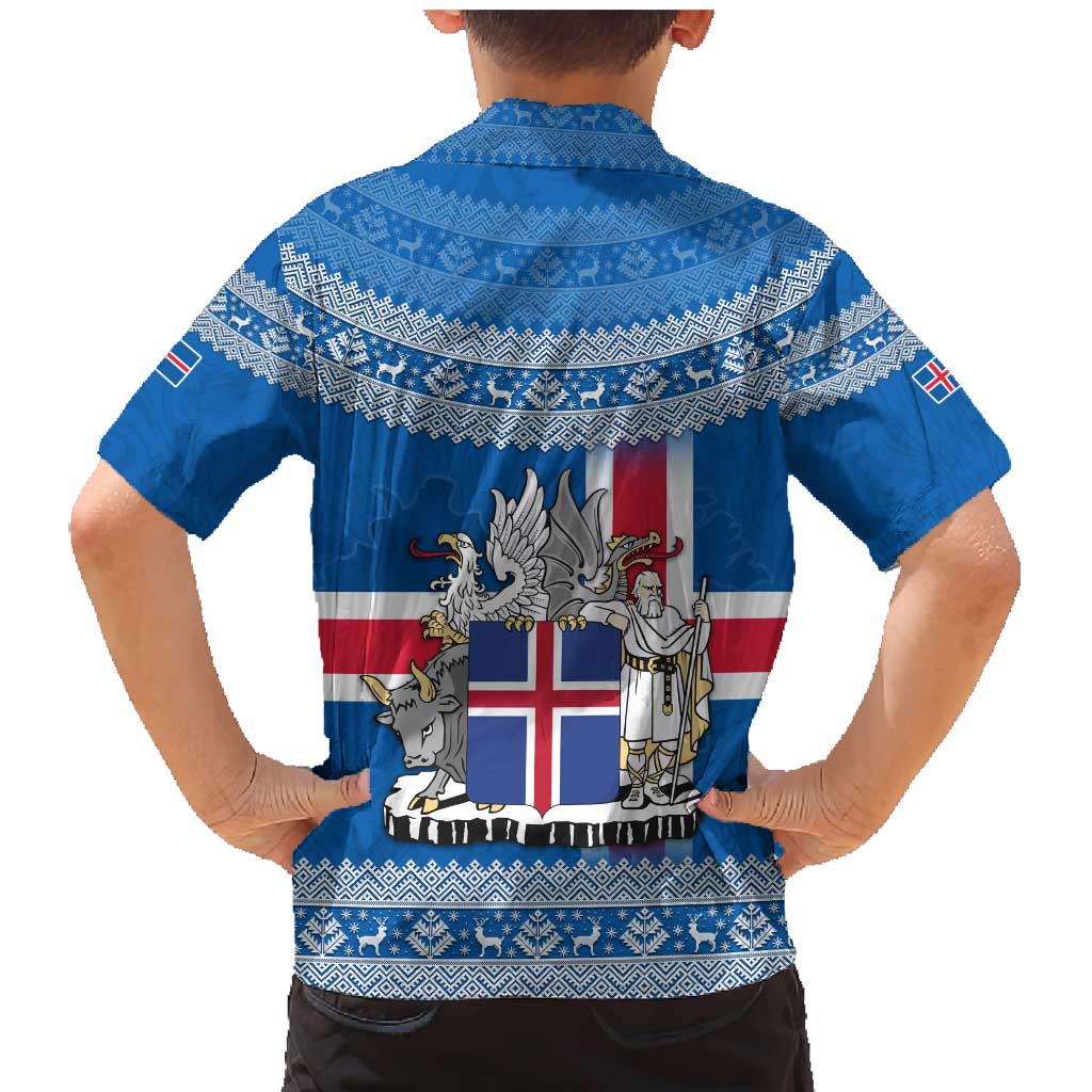 Iceland Flag Family Matching Mermaid Dress and Hawaiian Shirt with Icelandic Crest and Traditional Nordic Knit Pattern Design