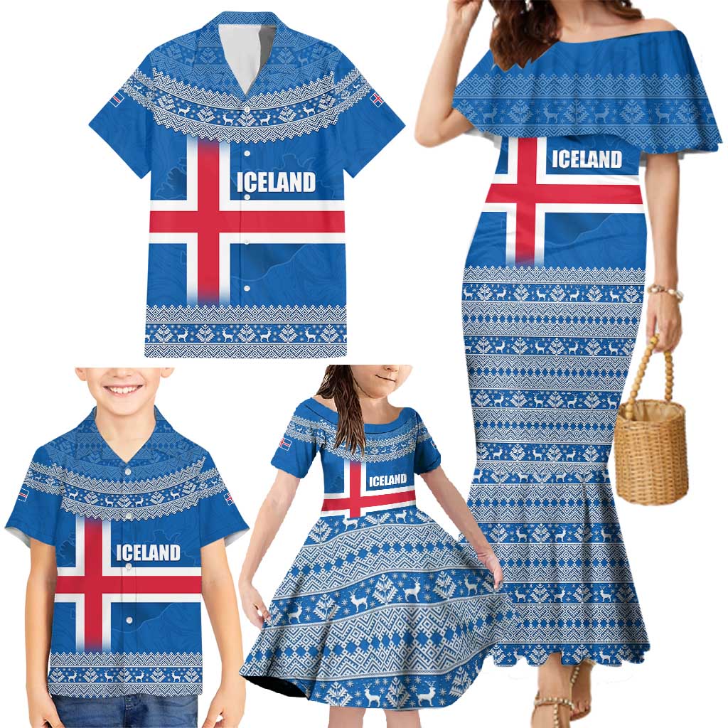 Iceland Flag Family Matching Mermaid Dress and Hawaiian Shirt with Icelandic Crest and Traditional Nordic Knit Pattern Design