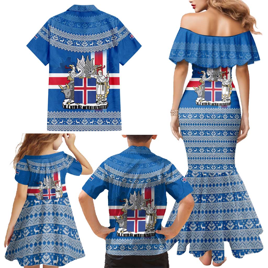 Iceland Flag Family Matching Mermaid Dress and Hawaiian Shirt with Icelandic Crest and Traditional Nordic Knit Pattern Design
