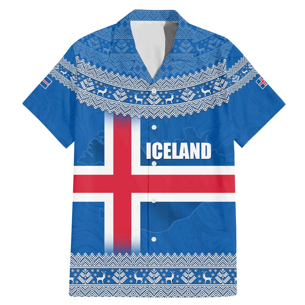 Iceland Flag Family Matching Mermaid Dress and Hawaiian Shirt with Icelandic Crest and Traditional Nordic Knit Pattern Design