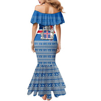 Iceland Flag Family Matching Mermaid Dress and Hawaiian Shirt with Icelandic Crest and Traditional Nordic Knit Pattern Design