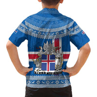 Iceland Flag Family Matching Off The Shoulder Long Sleeve Dress and Hawaiian Shirt with Icelandic Crest and Traditional Nordic Knit Pattern Design