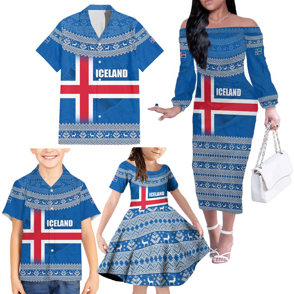 Iceland Flag Family Matching Off The Shoulder Long Sleeve Dress and Hawaiian Shirt with Icelandic Crest and Traditional Nordic Knit Pattern Design