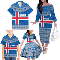 Iceland Flag Family Matching Off The Shoulder Long Sleeve Dress and Hawaiian Shirt with Icelandic Crest and Traditional Nordic Knit Pattern Design