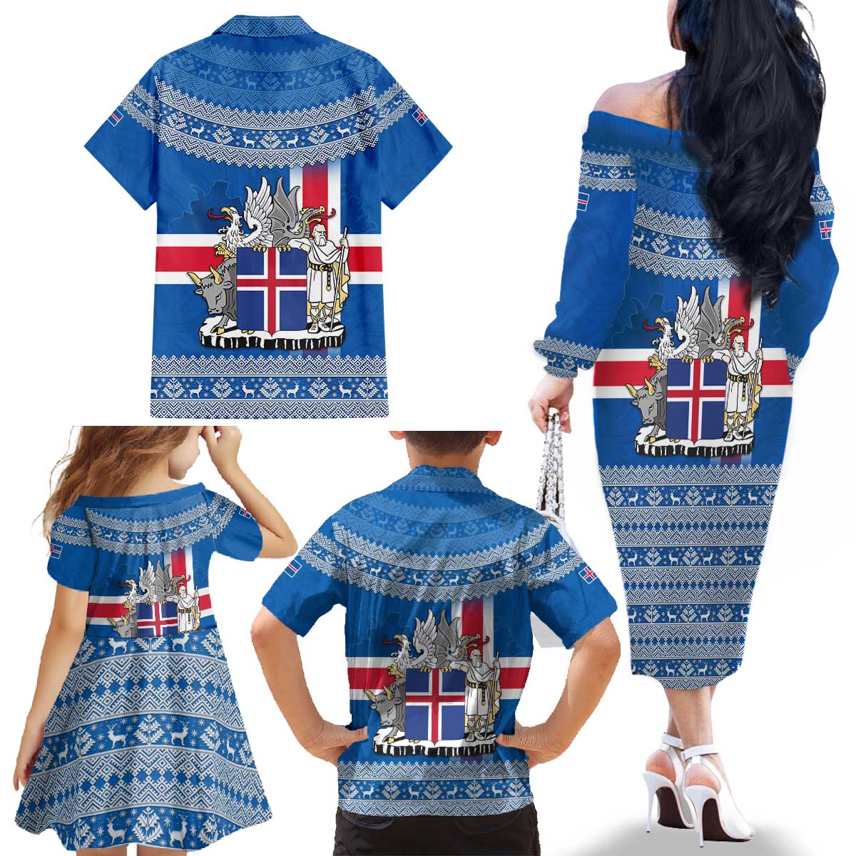 Iceland Flag Family Matching Off The Shoulder Long Sleeve Dress and Hawaiian Shirt with Icelandic Crest and Traditional Nordic Knit Pattern Design