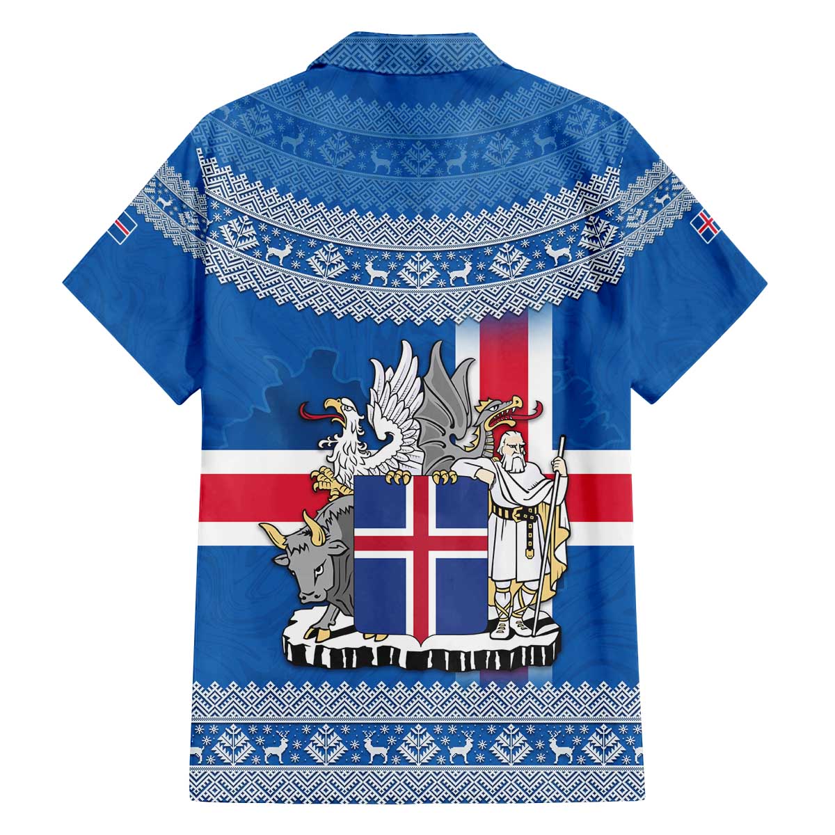 Iceland Flag Family Matching Off The Shoulder Long Sleeve Dress and Hawaiian Shirt with Icelandic Crest and Traditional Nordic Knit Pattern Design
