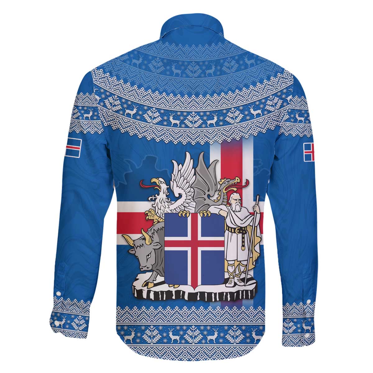 Iceland Flag Family Matching Off The Shoulder Long Sleeve Dress and Hawaiian Shirt with Icelandic Crest and Traditional Nordic Knit Pattern Design