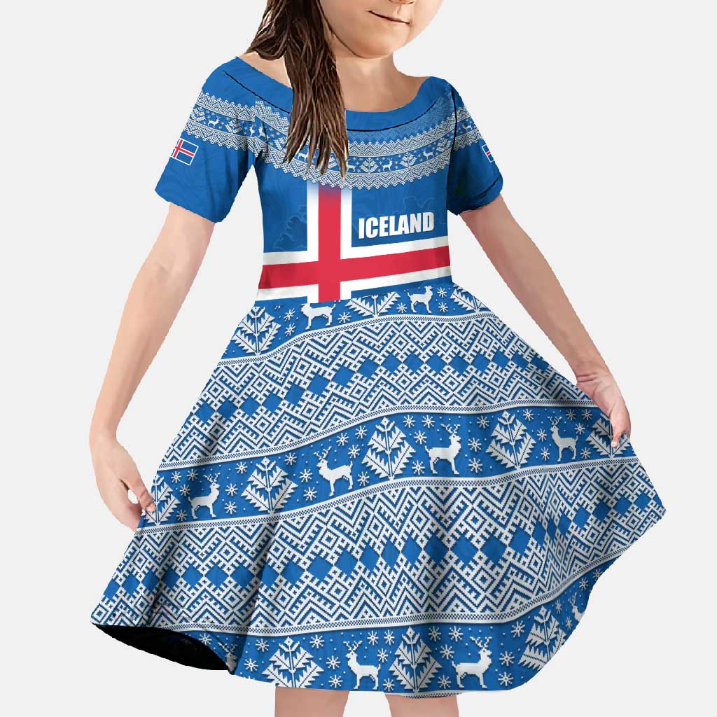 Iceland Flag Family Matching Off Shoulder Maxi Dress and Hawaiian Shirt with Icelandic Crest and Traditional Nordic Knit Pattern Design