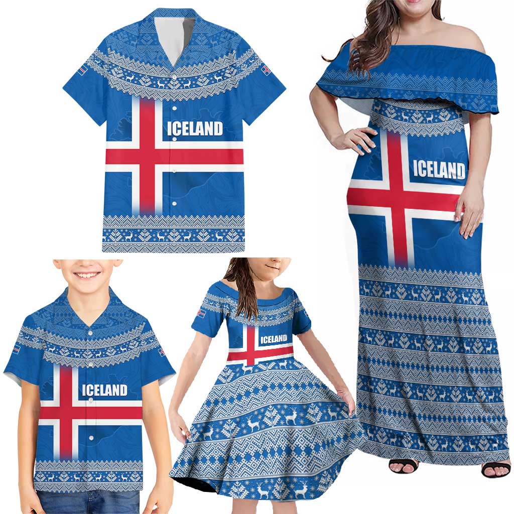 Iceland Flag Family Matching Off Shoulder Maxi Dress and Hawaiian Shirt with Icelandic Crest and Traditional Nordic Knit Pattern Design