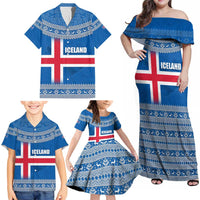 Iceland Flag Family Matching Off Shoulder Maxi Dress and Hawaiian Shirt with Icelandic Crest and Traditional Nordic Knit Pattern Design